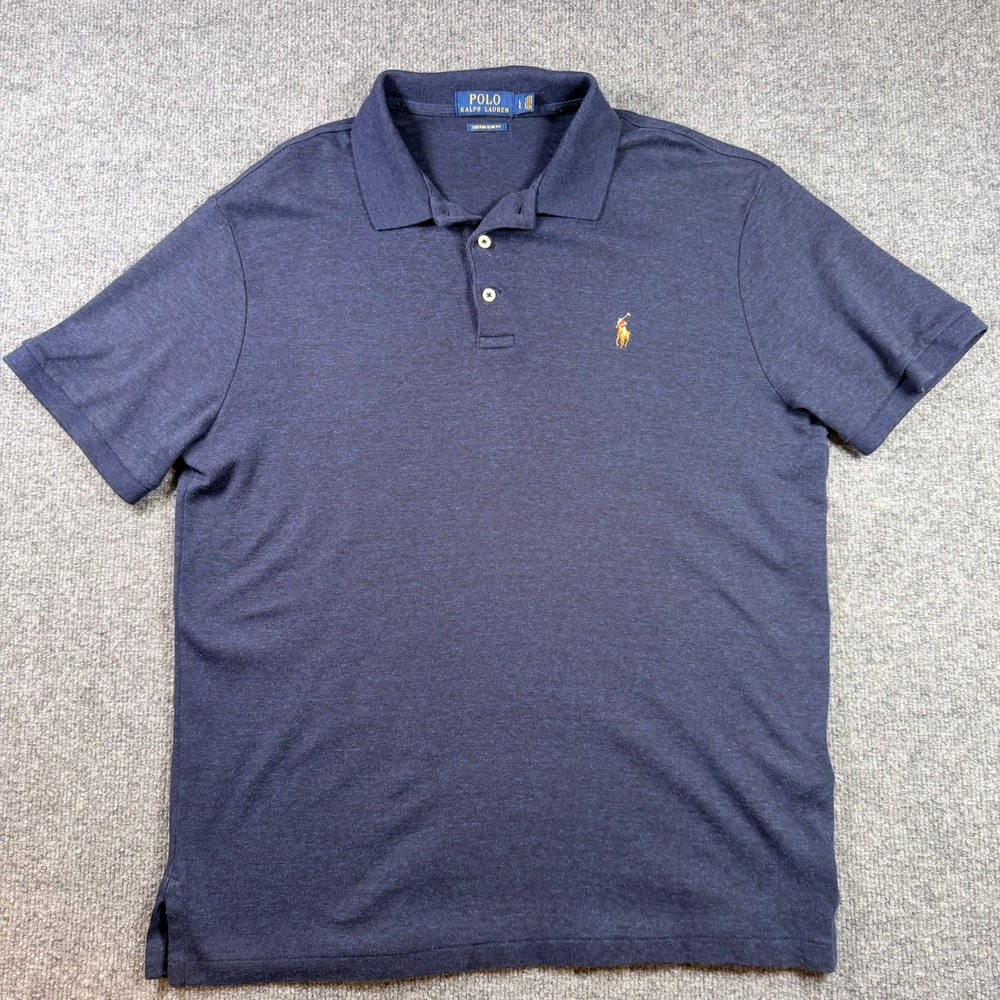 Polo Ralph Lauren Polo Shirt Mens Large Navy Blue Custom Slim Fit Cotton Pony